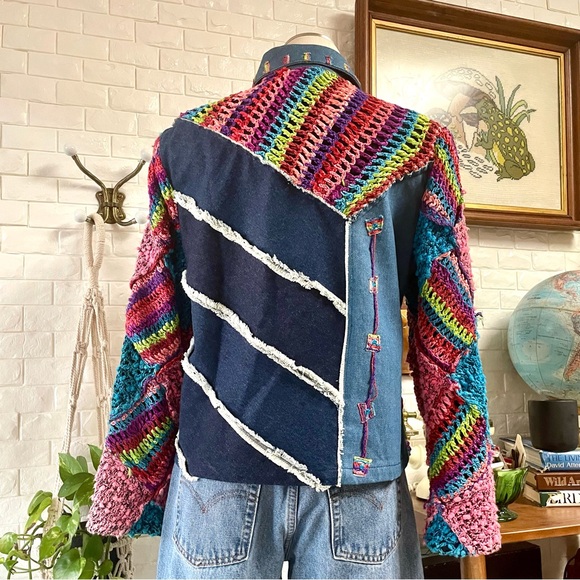 Vintage Sandy Starkman Crochet Sequin Patchwork Denim Jean Jacket - Picture 8 of 16